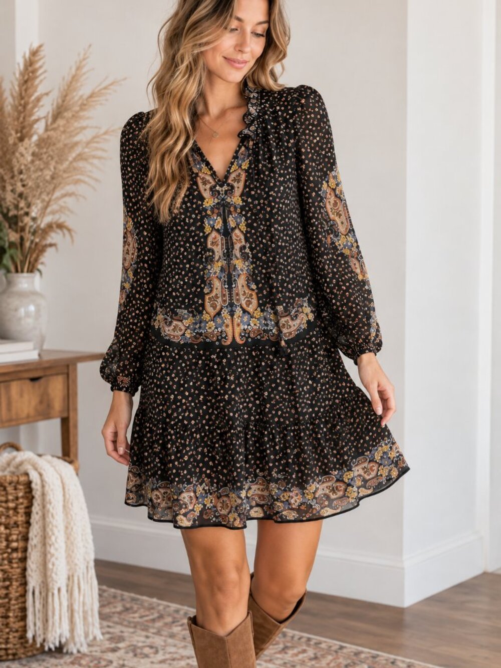 673-Max Studio L Black Paisley Floral Boho Long Sleeve Dress